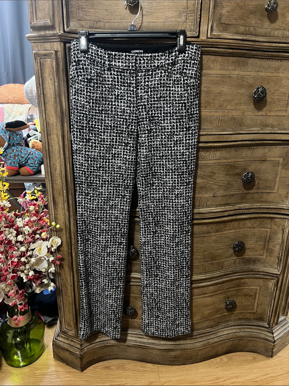 Express Black and White Tweed-Pattern Straight Leg Trousers